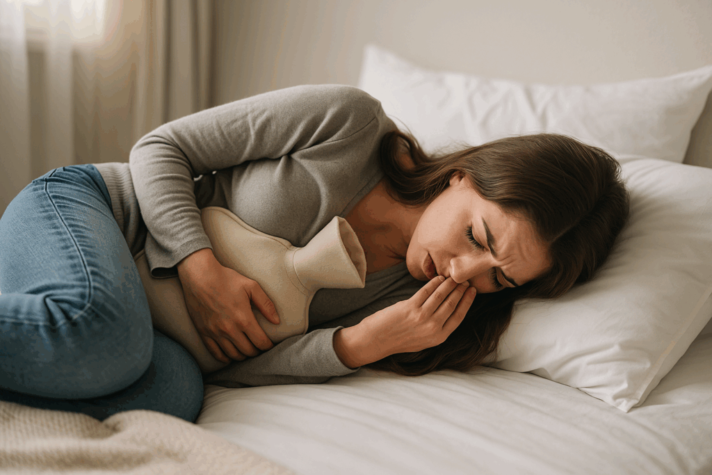 Junge Frau liegt zusammengerollt mit Wärmflasche im Bett und hält sich den Bauch