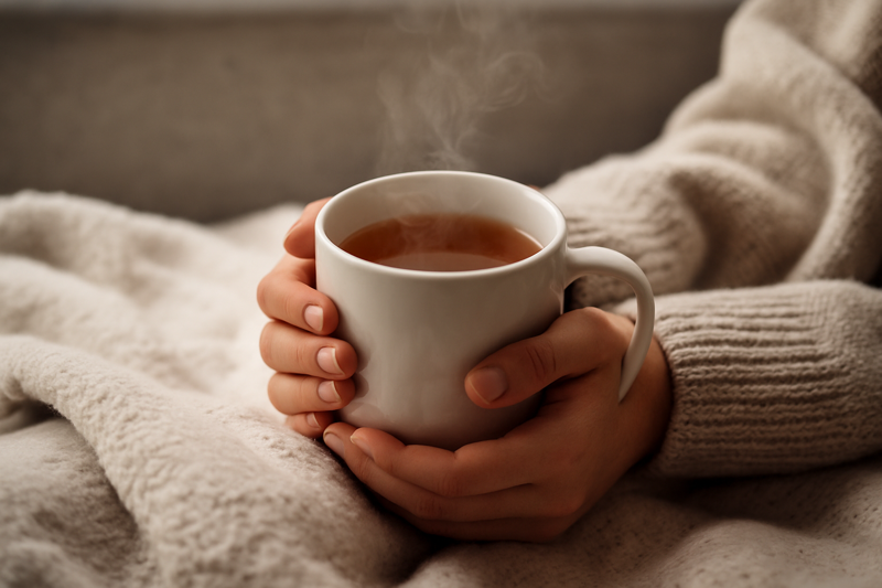 Hand hält warme Teetasse auf weicher Decke – Symbolbild für Ruhe und Linderung