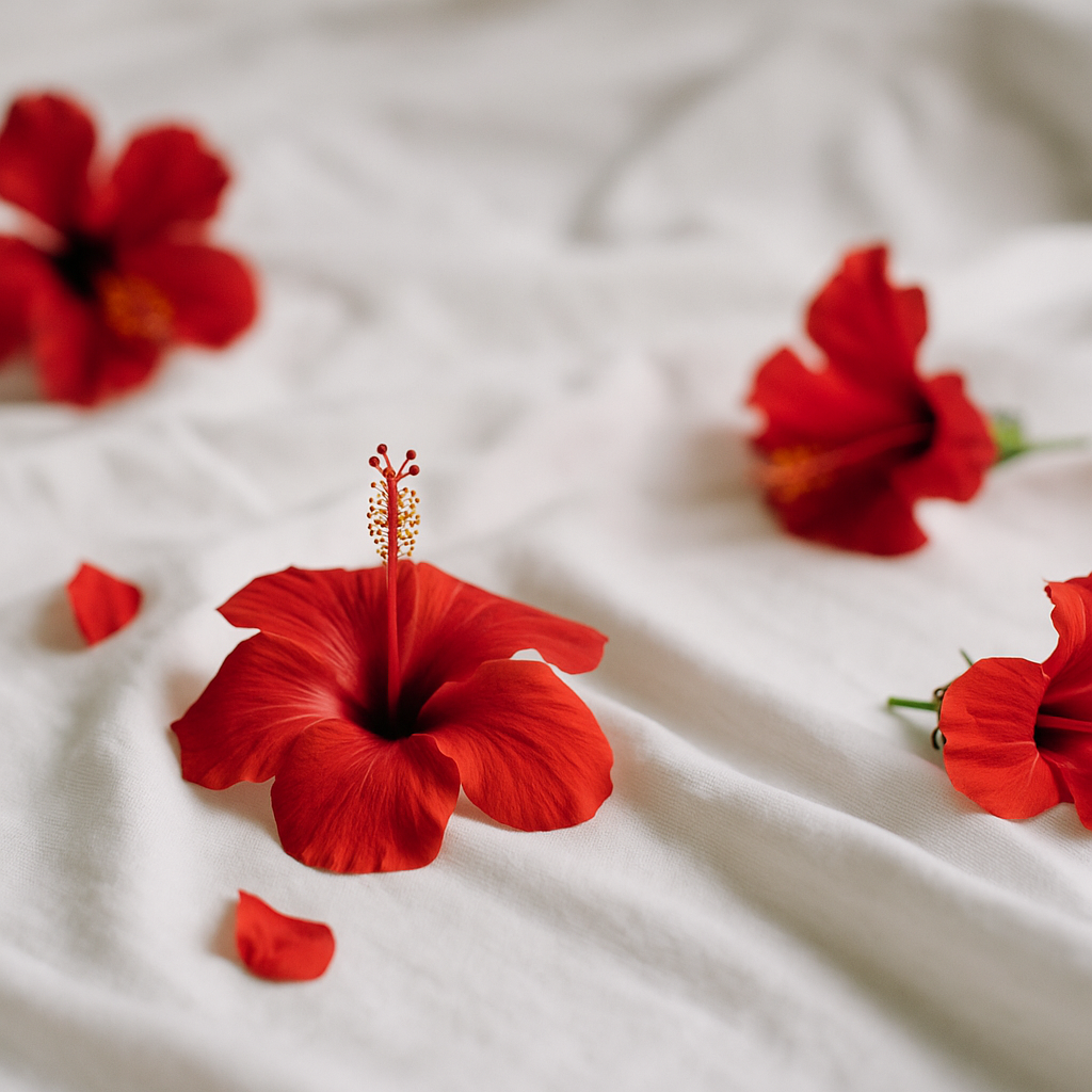 Rote Hibiskusblüten auf weißem Stoff als Symbol für die Menstruation