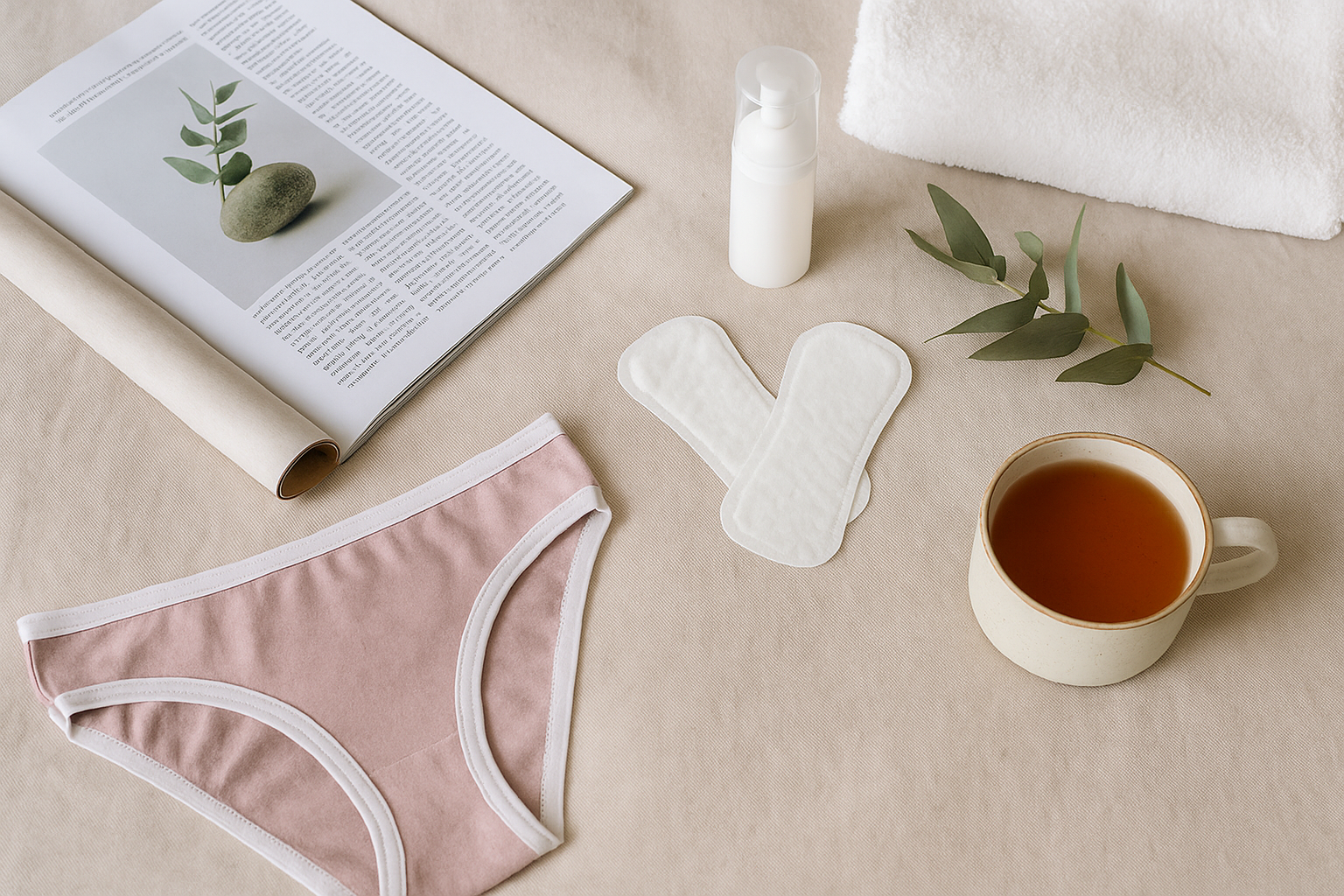 Stillleben mit Baumwollunterwäsche, Slipeinlagen, Intimpflegeprodukt und Kräutertee auf hellem Stoff