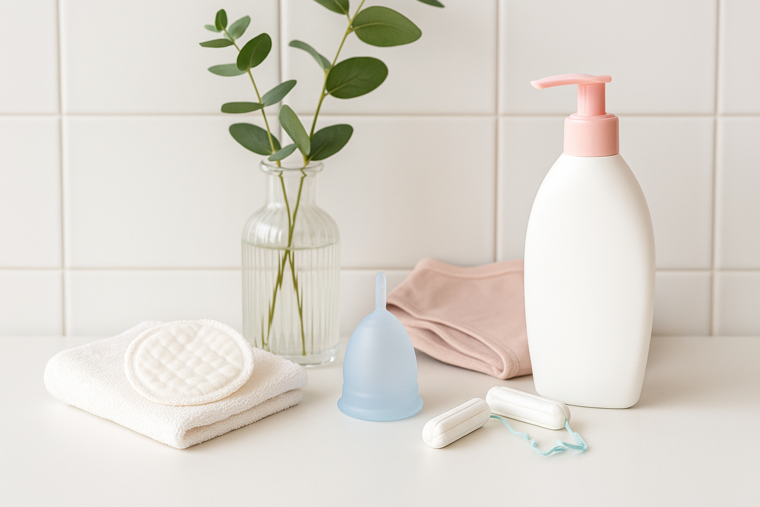 Intimpflegeprodukte wie Menstruationstasse, Tampons, Baumwollslip und Naturkosmetik auf Badezimmerablage