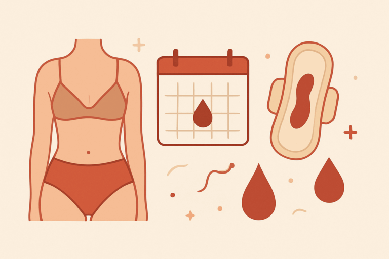 Titelgrafik mit der Aufschrift „Periode – Alles, was du wissen musst“ und Symbolen für Zyklus und Menstruation