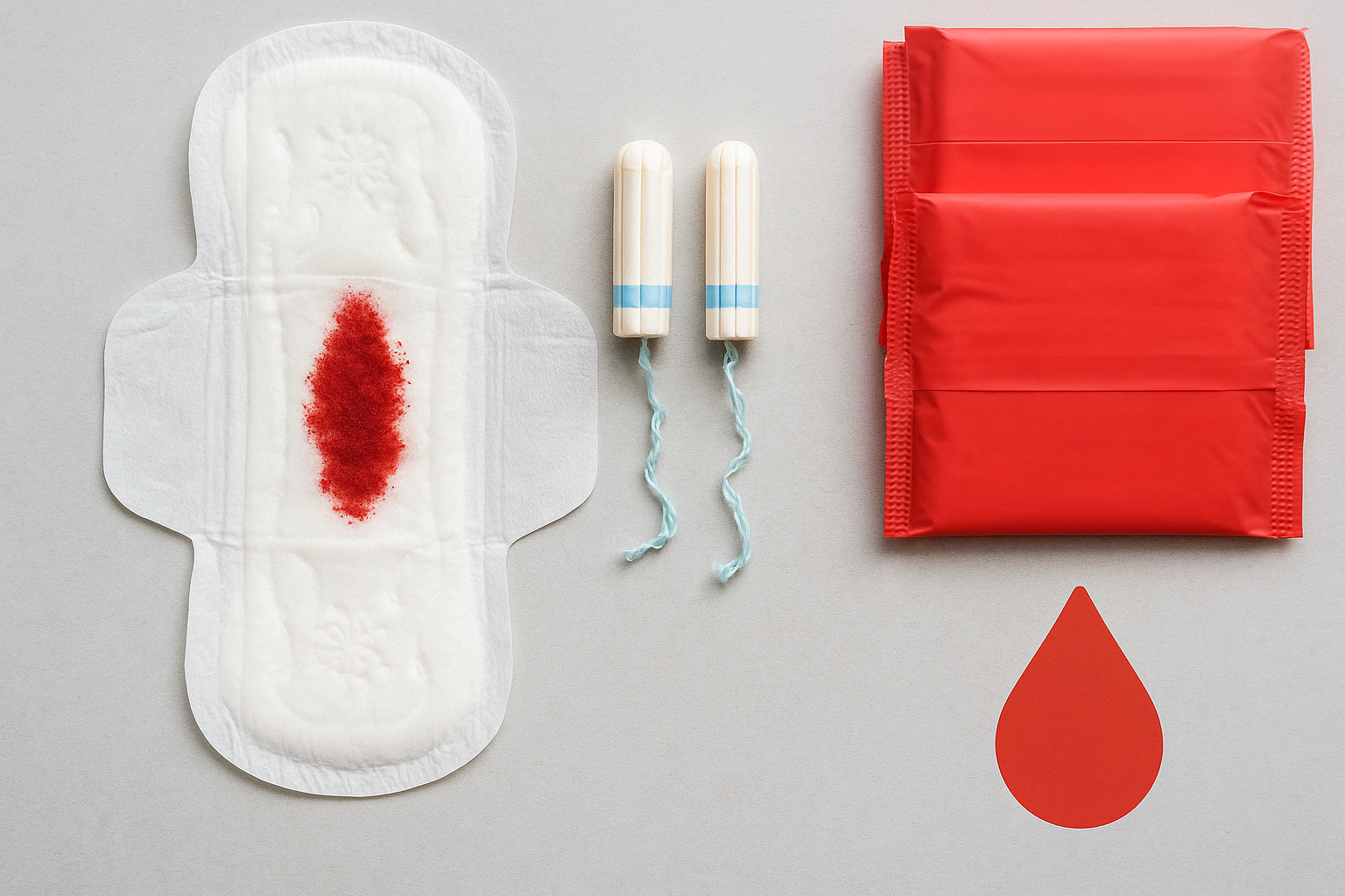 Binde mit Blut, Tampons und Hygieneartikel als Übersicht zu Periodenprodukten