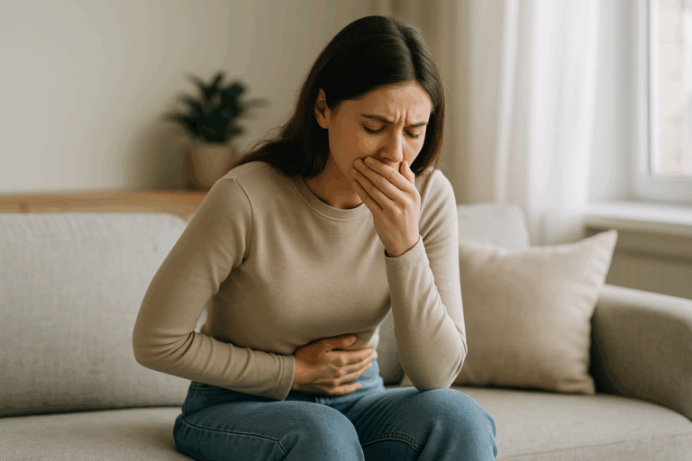 Junge Frau sitzt mit Übelkeit auf dem Sofa und hält sich Bauch und Mund