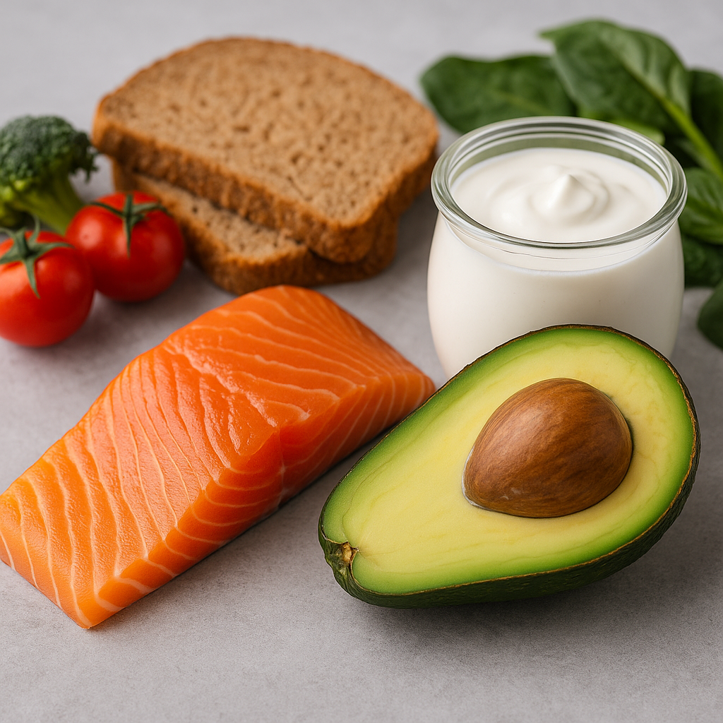 Ausgewählte Lebensmittel auf hellem Untergrund – Naturjoghurt, frisches Gemüse, Vollkornbrot und fermentierte Produkte