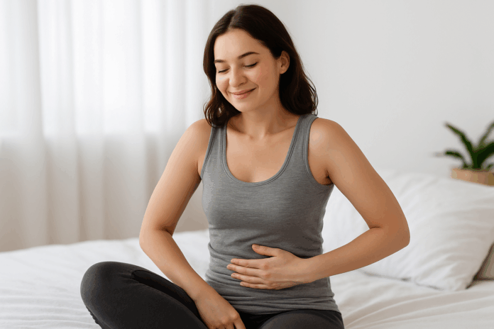 Junge Frau sitzt entspannt auf dem Bett und legt lächelnd die Hand auf ihren Unterbauch