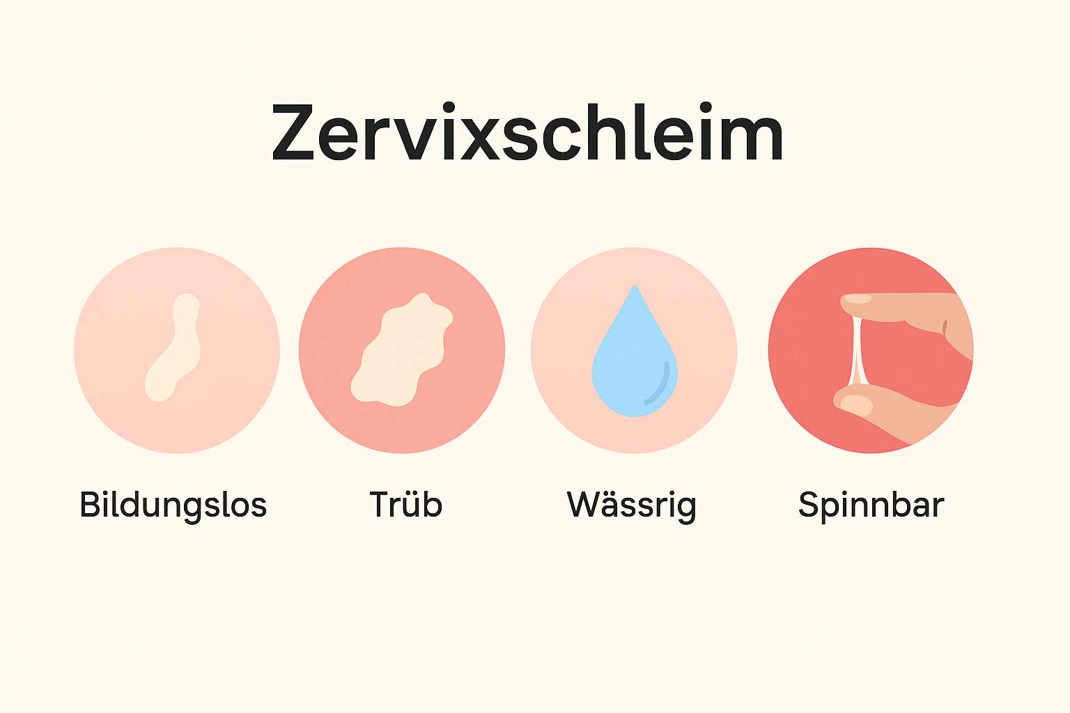 Illustration zeigt vier Phasen des Zervixschleims zwischen den Fingern
