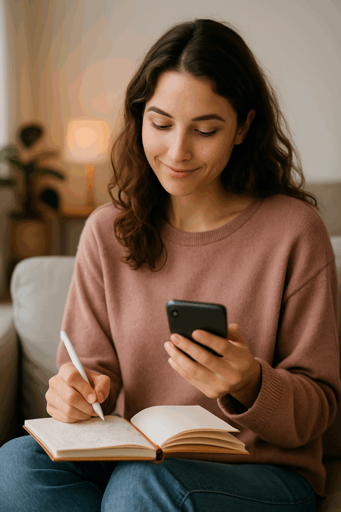 Junge Frau dokumentiert ihren Zyklus in einer App oder einem Tagebuch