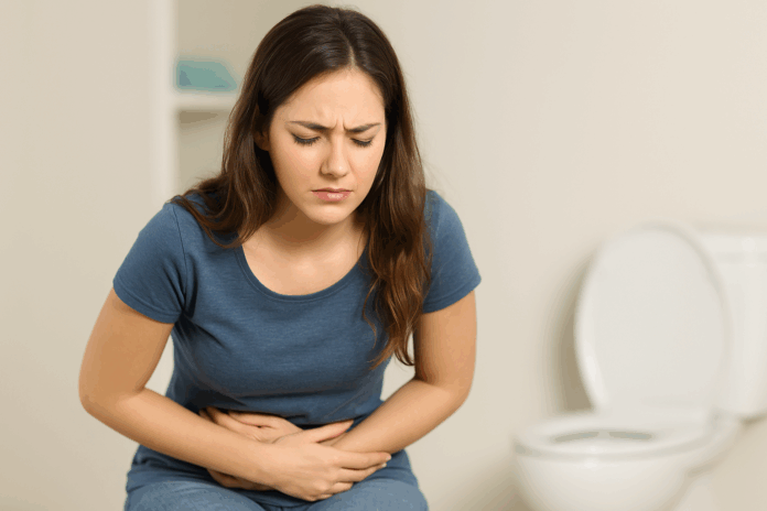 Durchfall während der Periode – Frau mit Bauchschmerzen im Badezimmer Frau mit Bauchschmerzen sitzt im Badezimmer und hält sich den Unterbauch – Symbolbild für Verdauungsbeschwerden während der Menstruation.