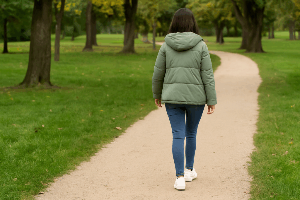 Eine Frau geht in herbstlicher Parklandschaft entspannt einen geschwungenen Kiesweg entlang – Symbolbild für beruhigende Bewegung bei Beschwerden.