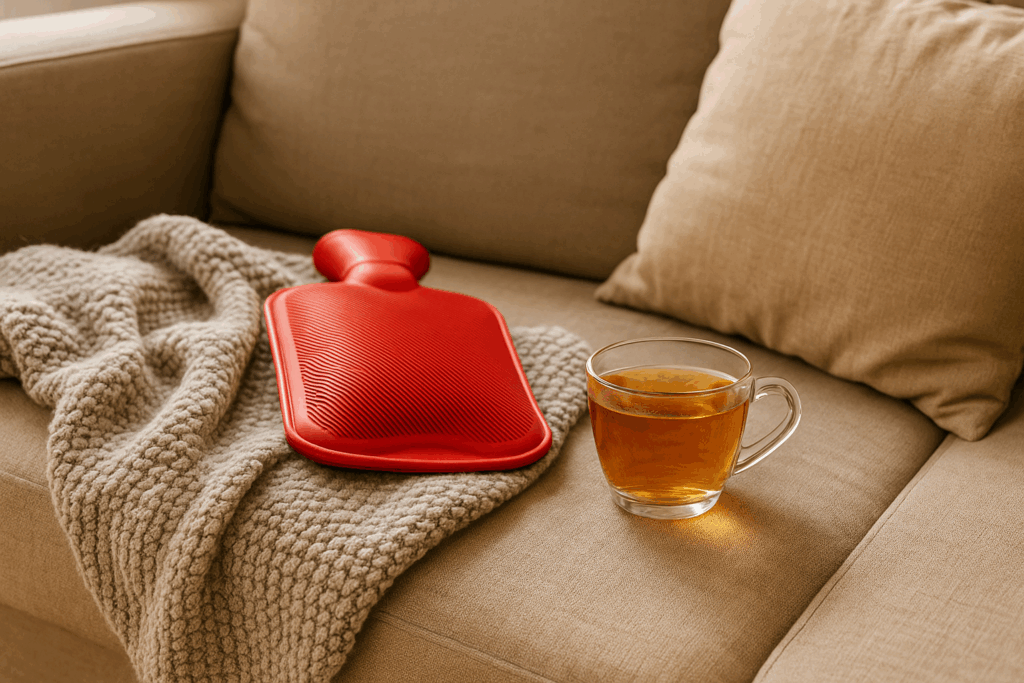 Rote Wärmflasche, Tasse Kräutertee und graue Strickdecke liegen gemütlich auf einem beigen Sofa.