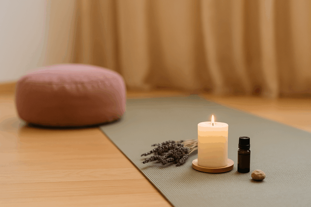 Yogamatte mit brennender Kerze, Lavendel, Meditationskissen und ätherischem Öl – beruhigendes Setup zur Stressreduktion.