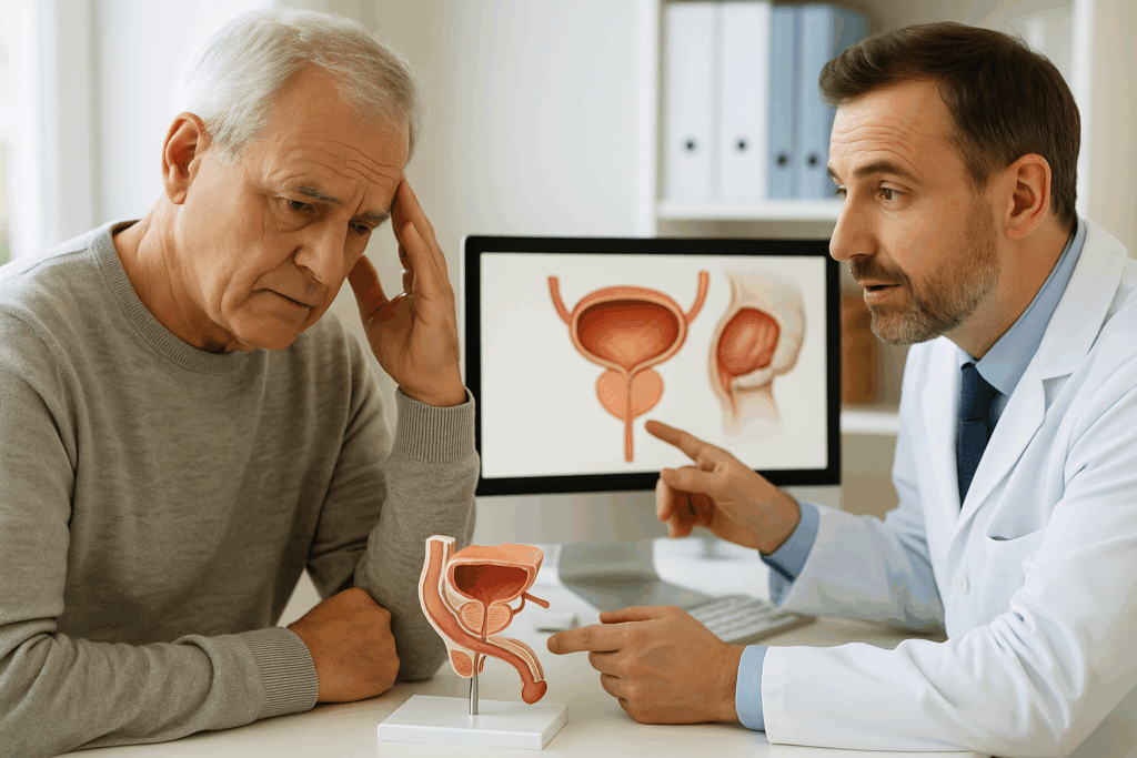 Ein älterer Mann sitzt nachdenklich im Arztzimmer, während der Urologe ihm an einem anatomischen Modell und Bildschirm die Blase und Prostata erklärt.