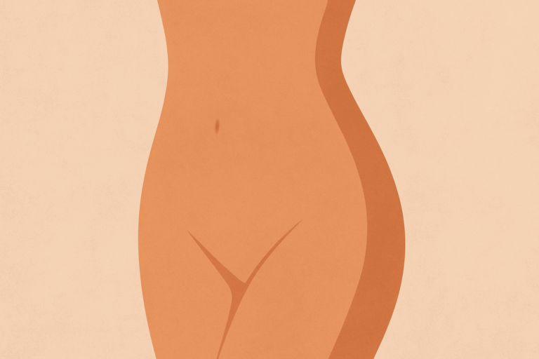 Minimalistische Illustration einer weiblichen Hüft- und Bauchsilhouette in warmen Farbtönen