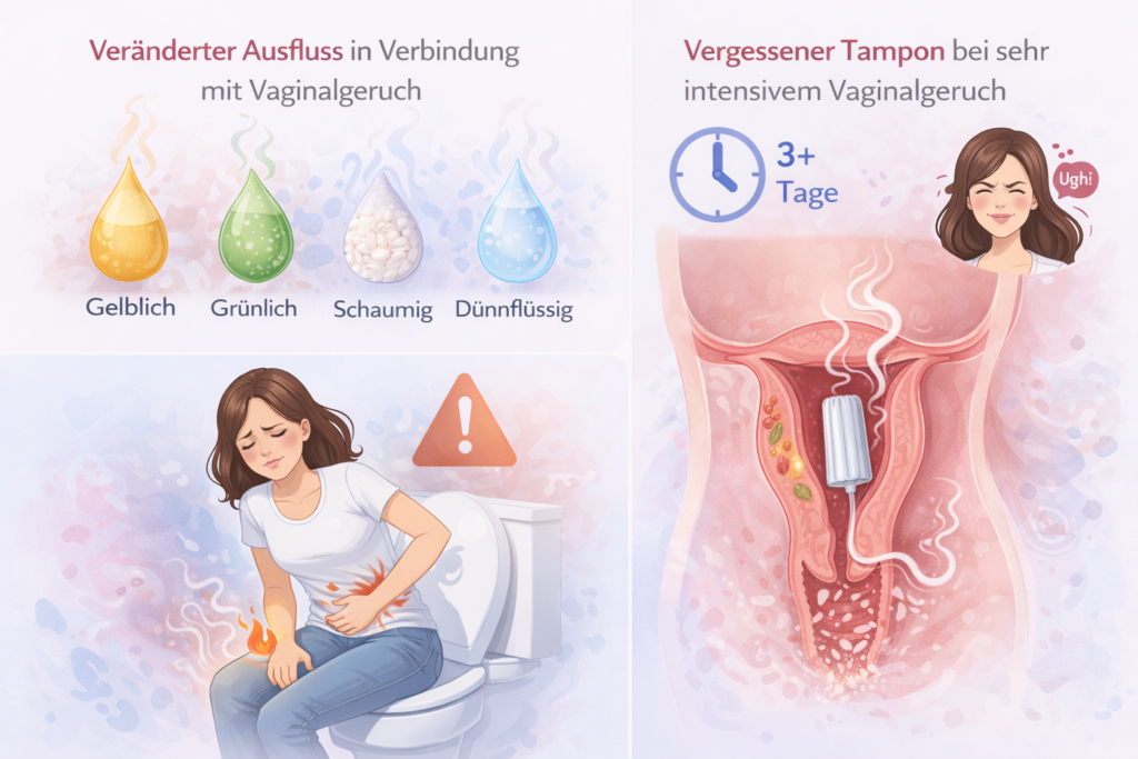 Illustration verschiedener Ausflussarten wie gelblich, grünlich, schaumig und dünnflüssig in Verbindung mit Vaginalgeruch