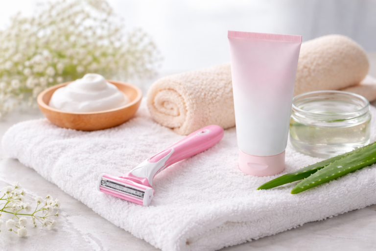Sanfter Rasierer mit Pflegeprodukten auf einem Handtuch als Symbol für schonende Intimrasur