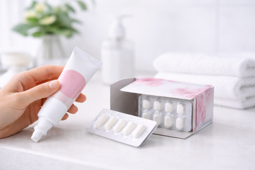 Vaginalcreme und Zäpfchen zur Behandlung von Scheidenpilz auf Badezimmerablage