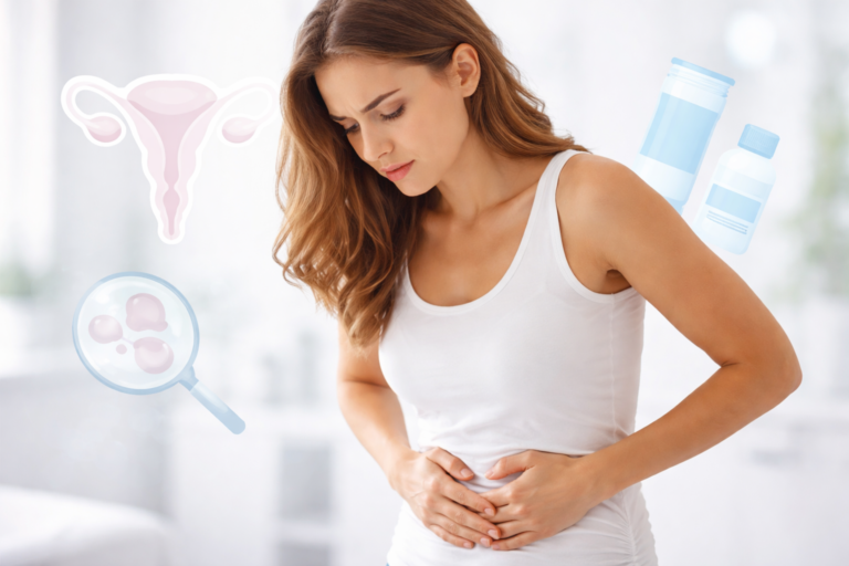 Frau mit Unterleibsbeschwerden als typisches Anzeichen für Scheidenpilz