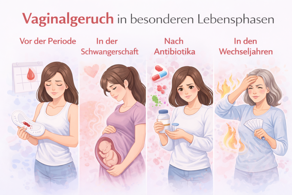 Illustration zu Vaginalgeruch in verschiedenen Lebensphasen wie vor der Periode, während der Schwangerschaft, nach Antibiotika und in den Wechseljahren