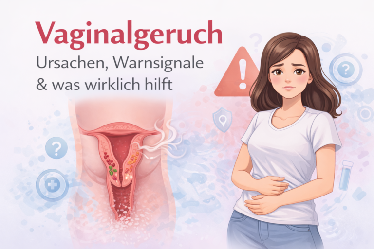 Illustration einer Frau mit schematischer Darstellung des weiblichen Intimbereichs zum Thema Vaginalgeruch, Ursachen und Warnsignale