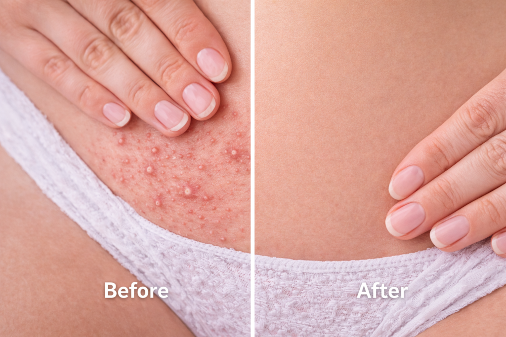 Vorher-Nachher-Vergleich von Rasierpickeln im Intimbereich – gereizte Haut mit Rasurpickeln und beruhigte, glatte Haut nach Pflege