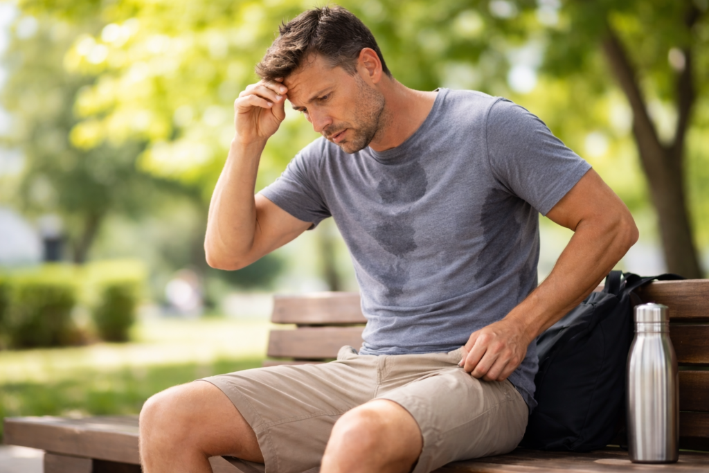 Mann sitzt im Sommer auf einer Parkbank und wirkt durch starkes Schwitzen unwohl.