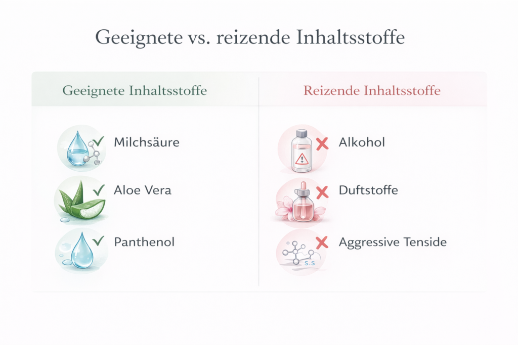 Infografik zu geeigneten und reizenden Inhaltsstoffen in Intimwaschlotion mit Milchsäure, Aloe Vera sowie Alkohol und Duftstoffen