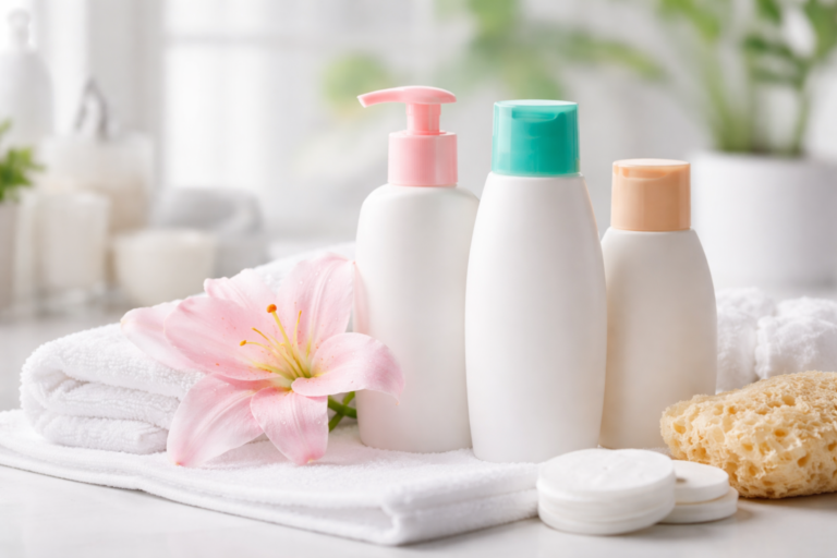 Beste Intimwaschlotion auf weißem Handtuch im Badezimmer mit Blume und Pflegeaccessoires