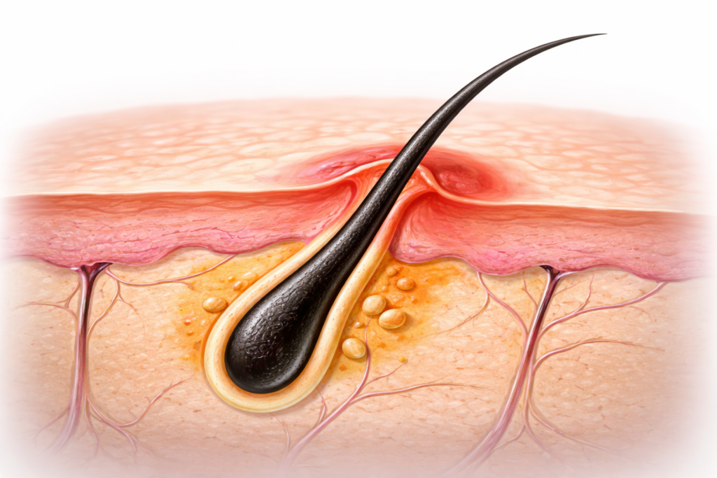 Medizinische Illustration eines eingewachsenen Haares unter der Haut mit entzündetem Haarfollikel