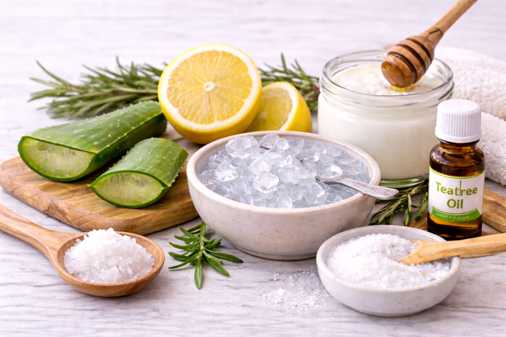 Hausmittel gegen Rasierpickel wie Aloe Vera, Teebaumöl und kühlende Eiswürfel