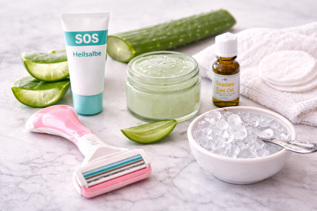 Pflegeprodukte zur Soforthilfe bei Rasierpickeln mit Aloe Vera Gel, Zinksalbe, Teebaumöl und Rasierer