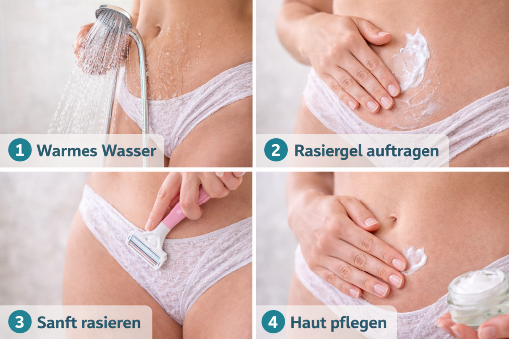 Schritt-für-Schritt-Anleitung zur Intimrasur: warmes Wasser, Rasiergel auftragen, sanft rasieren und Haut pflegen zur Vermeidung von Rasierpickeln
