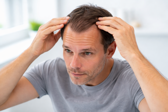 Mann betrachtet seinen Haaransatz mit Geheimratsecken im Spiegel