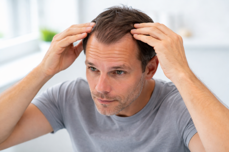 Mann betrachtet seinen Haaransatz mit Geheimratsecken im Spiegel