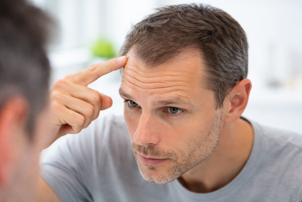 Mann mit dünner werdendem Haar an den Schläfen als frühes Anzeichen für Geheimratsecken