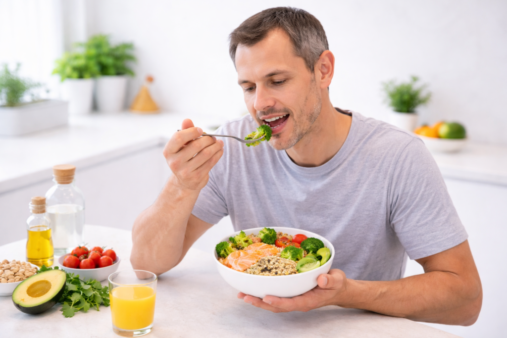 Mann isst gesunde Lebensmittel wie Lachs, Gemüse und Avocado zur Unterstützung des Haarwachstums