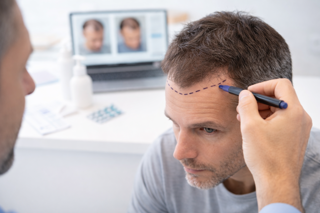 Arzt markiert Haarlinie bei einem Mann als Vorbereitung auf eine Behandlung gegen Geheimratsecken