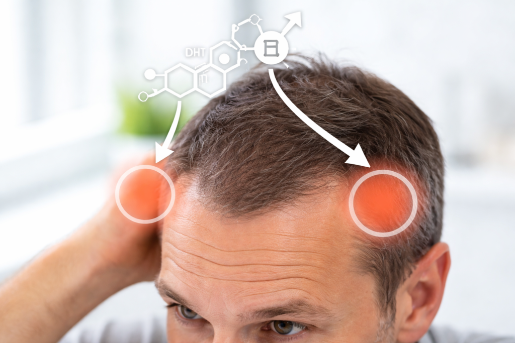 Mann mit Geheimratsecken an den Schläfen, hervorgehoben als typische Bereiche für Haarausfall durch DHT