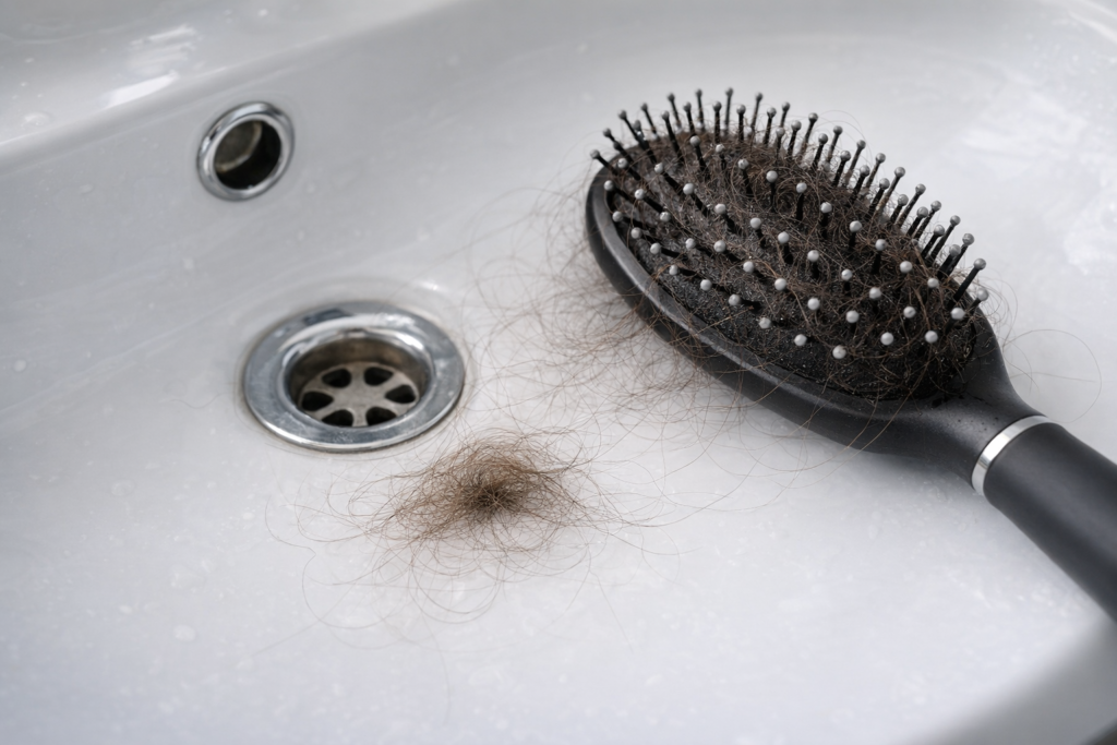 Haarbürste mit vielen ausgefallenen Haaren im Waschbecken – Anzeichen für Haarausfall