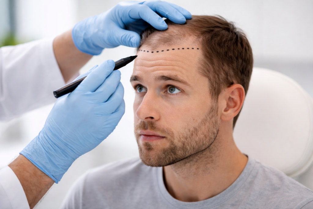 Arzt markiert Haarlinie auf der Stirn eines Mannes vor einer Haartransplantation