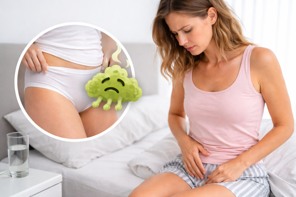 Frau sitzt auf dem Bett und hält sich den Unterleib – Symbol für Beschwerden im Intimbereich durch riechenden Ausfluss