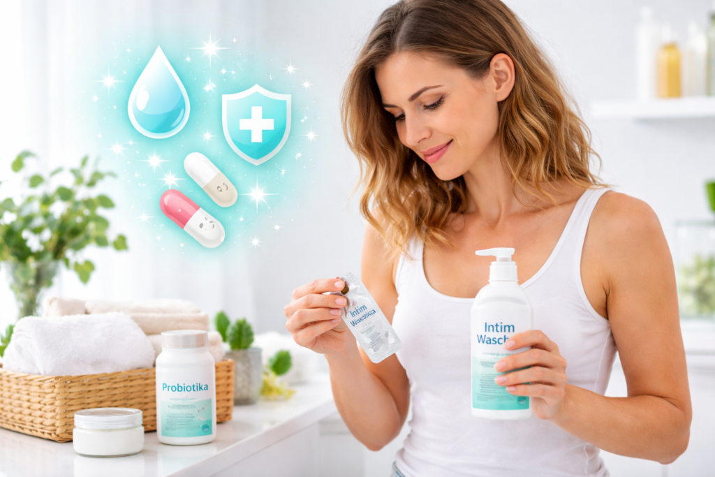 Frau im Badezimmer mit Intimpflegeprodukt und Probiotika – Symbol für gesunde Scheidenflora und richtige Intimpflege