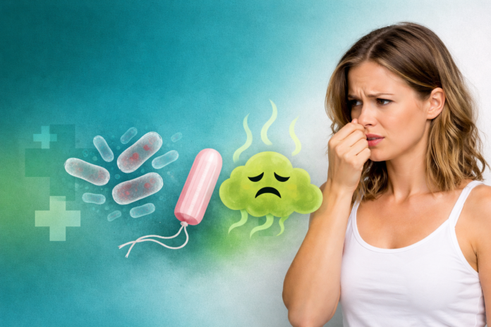 Frau hält sich die Nase wegen unangenehmem Geruch im Intimbereich – Symbol für riechenden Ausfluss