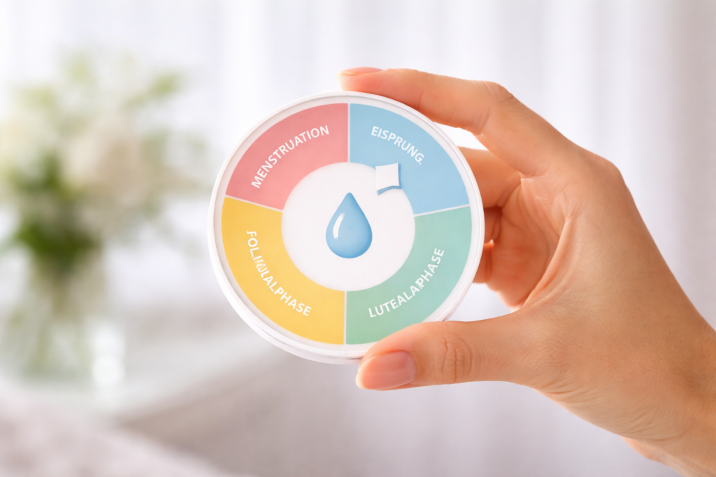 Menstruationszyklus Darstellung mit Phasen wie Menstruation, Eisprung und Lutealphase – Einfluss des Zyklus auf Feuchtigkeit im Intimbereich
