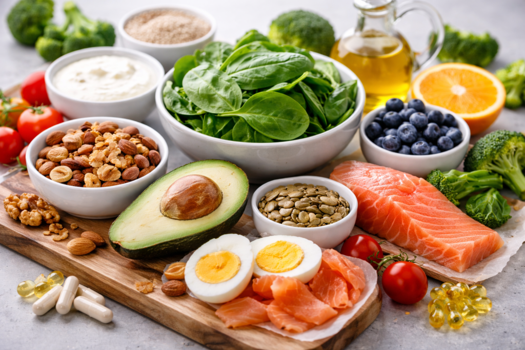 Lebensmittel für gesundes Haarwachstum wie Lachs, Eier, Nüsse, Spinat und Avocado