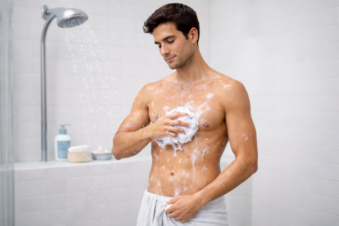 Mann duscht und reinigt seinen Oberkörper mit Duschschaum für tägliche Körperhygiene