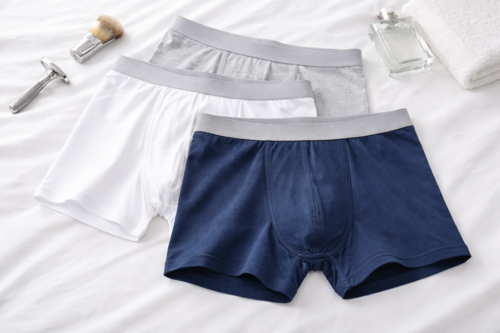 Hochwertige Baumwoll-Boxershorts für Männer in Weiß, Grau und Blau auf hellem Hintergrund