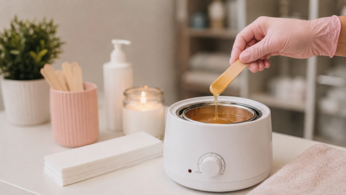 Nahaufnahme eines professionellen Waxing-Sets mit warmem Wachs, Holzspatel und Pflegeprodukten in einem modernen Kosmetikstudio für Waxen im Intimbereich.