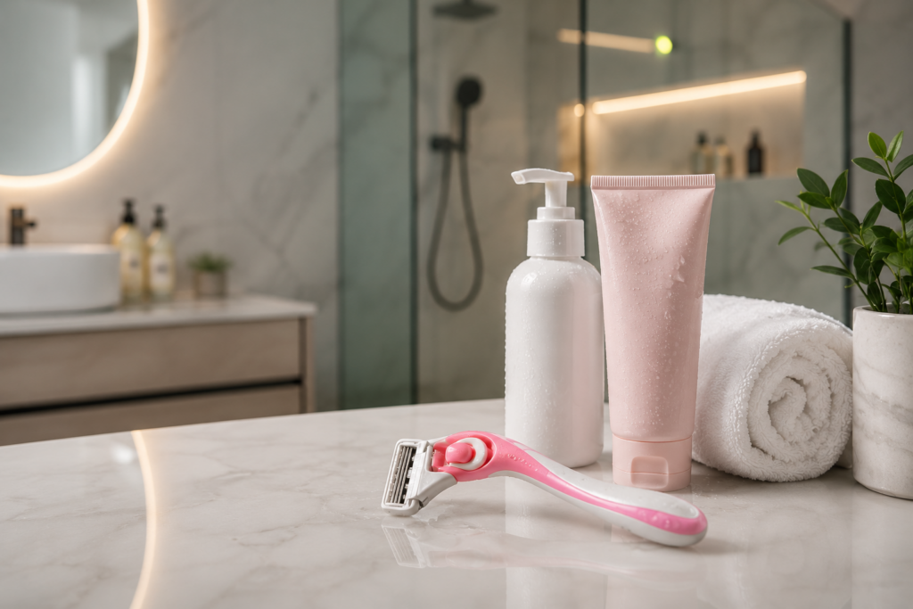 Moderner Rasierer mit Pflegeprodukten auf einem Badezimmerwaschtisch für die Intimrasur und Hautpflege