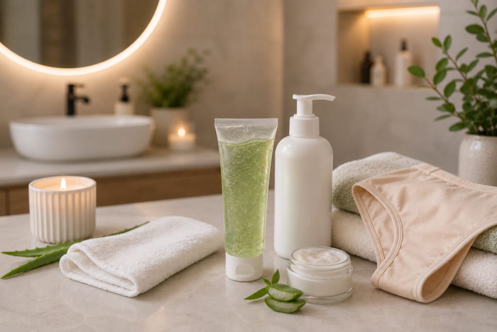 Beruhigende Pflegeprodukte mit Aloe Vera und Handtüchern zur Nachpflege nach der Intimenthaarung in einem modernen Badezimmer